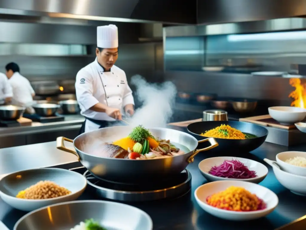 En el bullicioso Maido restaurante cocina nikkei Perú, chefs preparan platos con destreza, creando una escena vibrante y dinámica