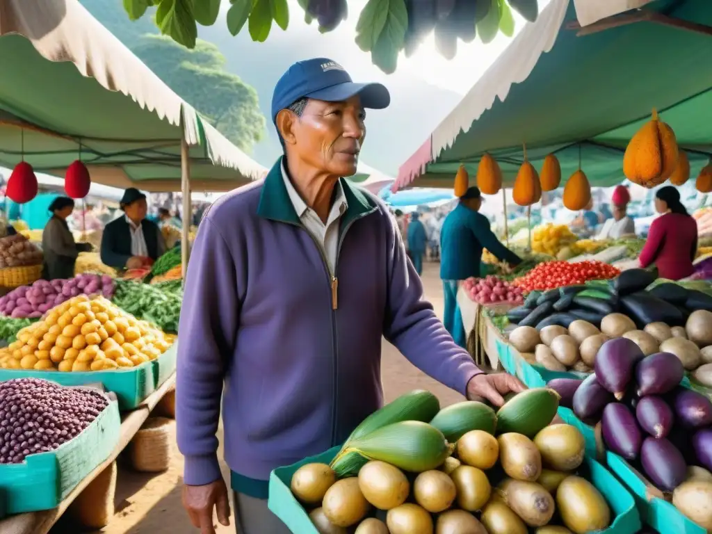 Un bullicioso mercado de agricultores en Perú, rebosante de frutas y verduras frescas y exóticas