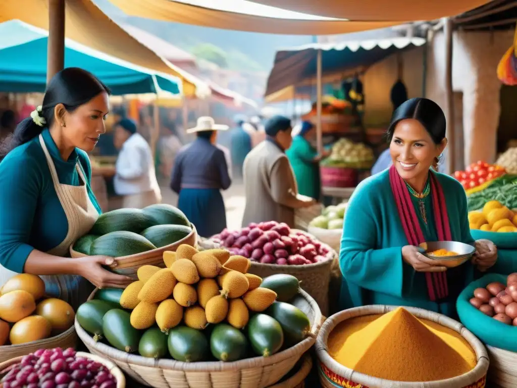 Un bullicioso mercado al aire libre en Perú, con ingredientes frescos y vibrantes de la cocina peruana