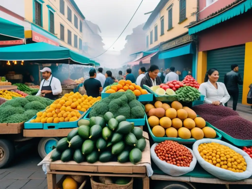 Un bullicioso mercado al aire libre en Lima, Perú, con una variedad de frutas, verduras y especias coloridas y exóticas