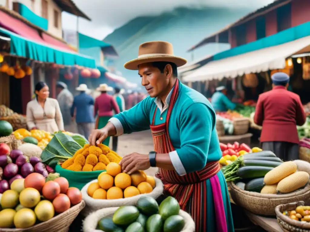 Un bullicioso mercado callejero peruano, lleno de colores vibrantes y productos locales