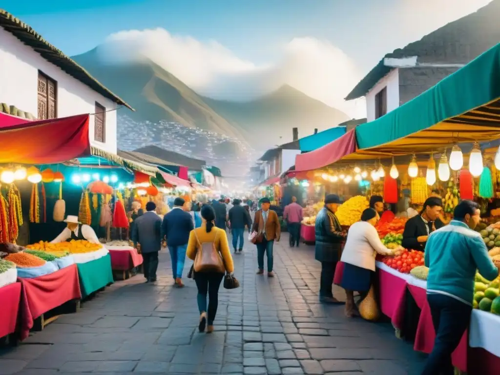 Un bullicioso mercado callejero en Lima, Perú, con ceviche y pisco, donde la cultura peruana cobra vida