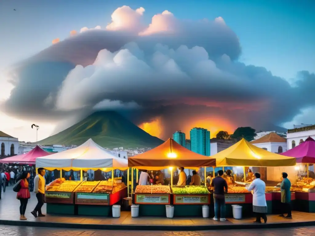 Un bullicioso mercado callejero en Lima, Perú, con puestos de comida tradicional peruana como anticuchos, ceviche y picarones