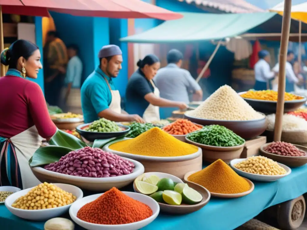 Un bullicioso mercado callejero en Perú con gastronomía tradicional