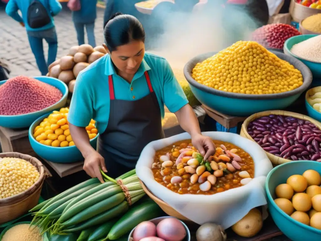 Un bullicioso mercado en Lima, Perú, repleto de ingredientes coloridos de la Cocina Nikkei en Perú