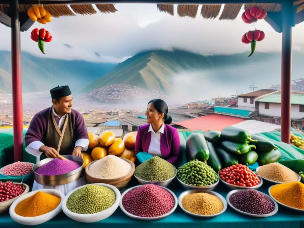 Un bullicioso mercado en Lima, Perú, con ingredientes peruanos vibrantes y la cordillera de los Andes de fondo