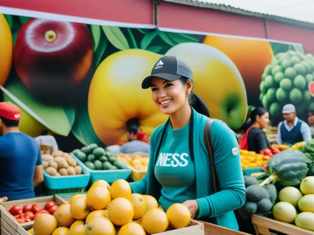 Un bullicioso mercado en Lima, Perú, lleno de puestos coloridos que exhiben una variedad de frutas frescas, verduras y delicias locales