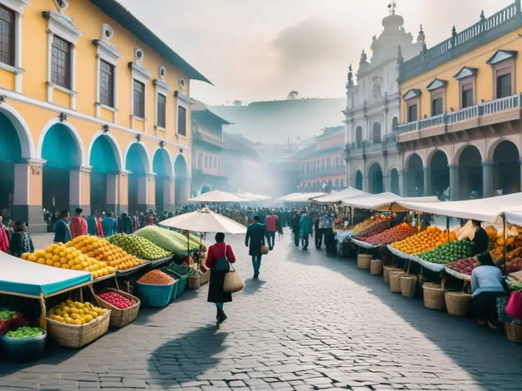 El bullicioso mercado de Lima, Perú, lleno de puestos coloridos vendiendo frutas vibrantes y artesanías tradicionales