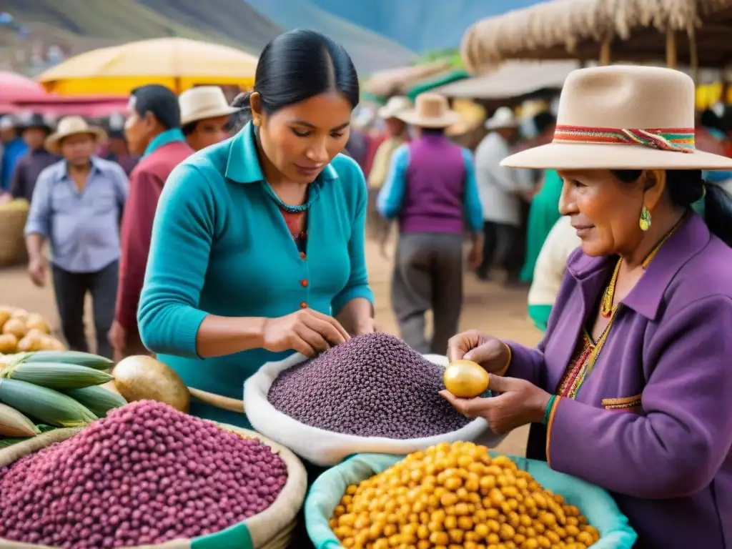 En un bullicioso mercado local en Perú, los ingredientes autóctonos llenan de color el escenario