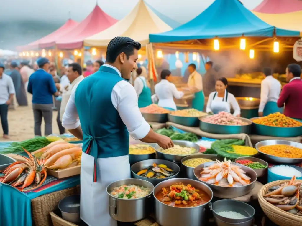 Un bullicioso mercado de mariscos en el Festival del Marisco en Perú, con vendedores y clientes disfrutando de la diversa oferta culinaria