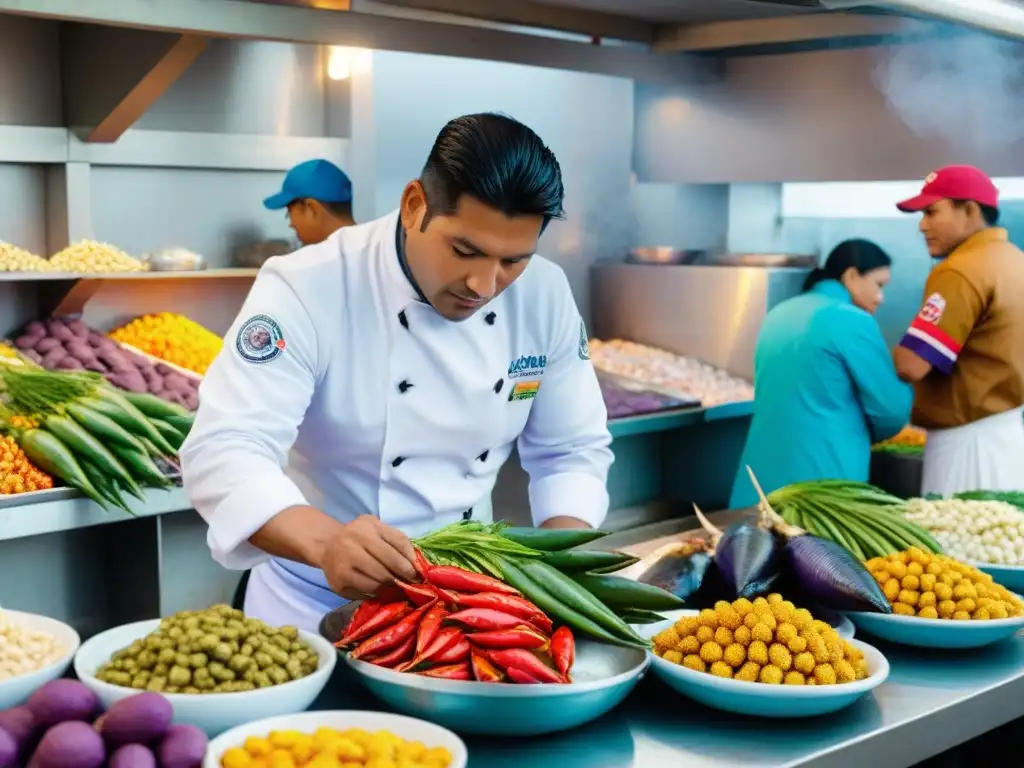 Un bullicioso mercado de mariscos en Lima, Perú, con ingredientes autóctonos de la cocina marina peruana