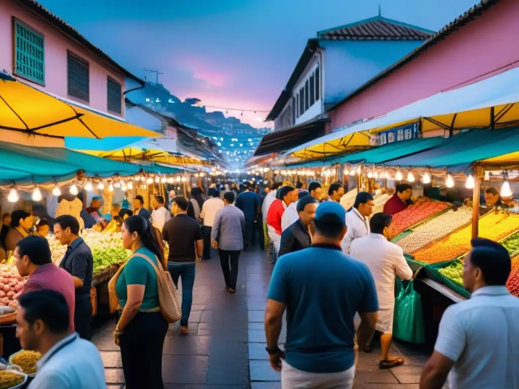 Un bullicioso mercado nocturno en Lima, con puestos coloridos y chefs preparando ceviche y lomo saltado