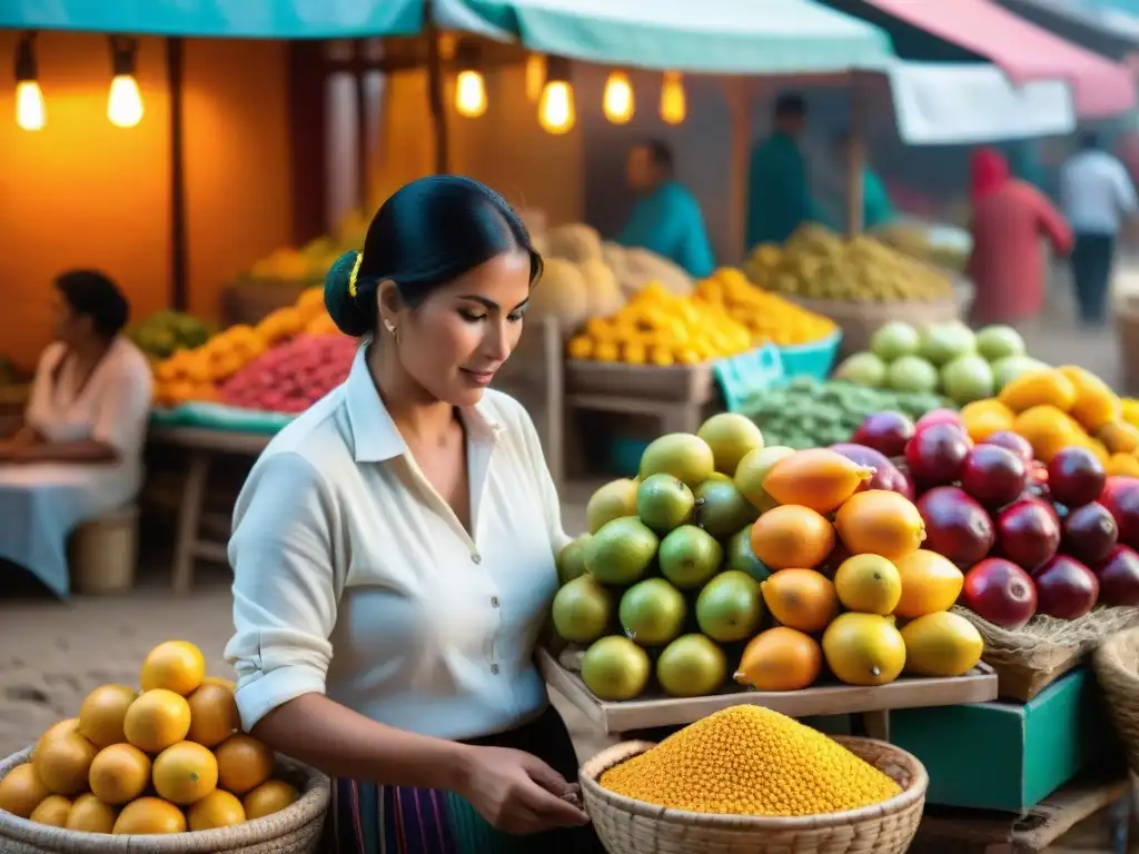 En un bullicioso mercado peruano, clientes prueban refrescos de lúcuma, capturando la esencia de la tradición culinaria peruana