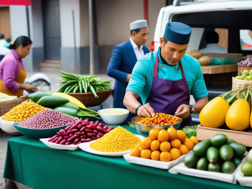 Un bullicioso mercado peruano con cocina tradicional y modernas aplicaciones móviles gastronomía peruana