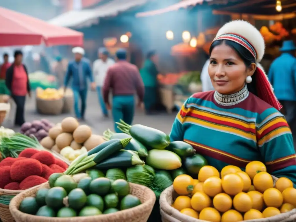 Un bullicioso mercado peruano con colores vibrantes y comidas auténticas