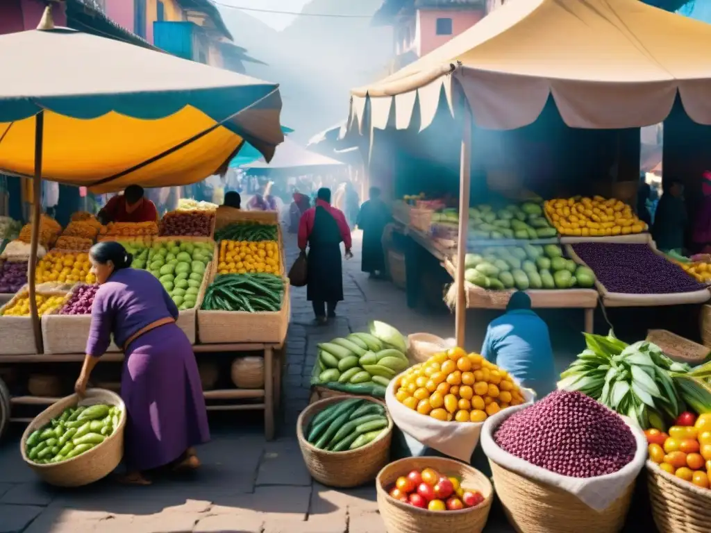 Un bullicioso mercado peruano con colores vibrantes y productos frescos