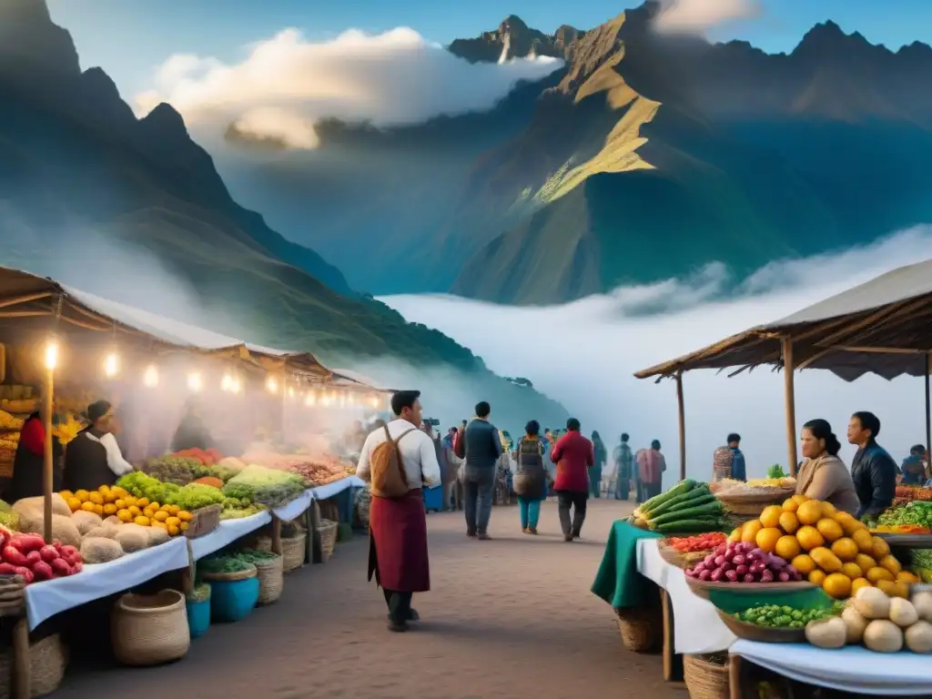 Un bullicioso mercado peruano con colores vibrantes y productos frescos, vendedores de comida callejera y personajes diversos