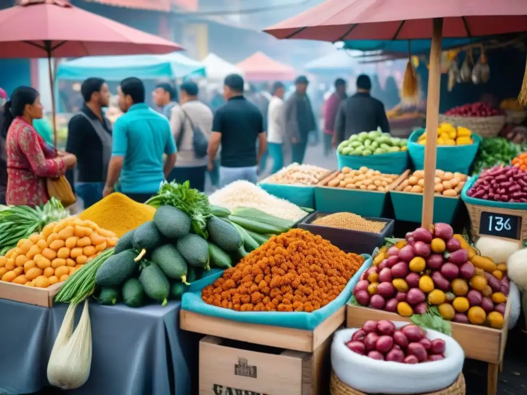 Un bullicioso mercado peruano muestra coloridas exposiciones de gastronomía, frutas exóticas y textiles andinos