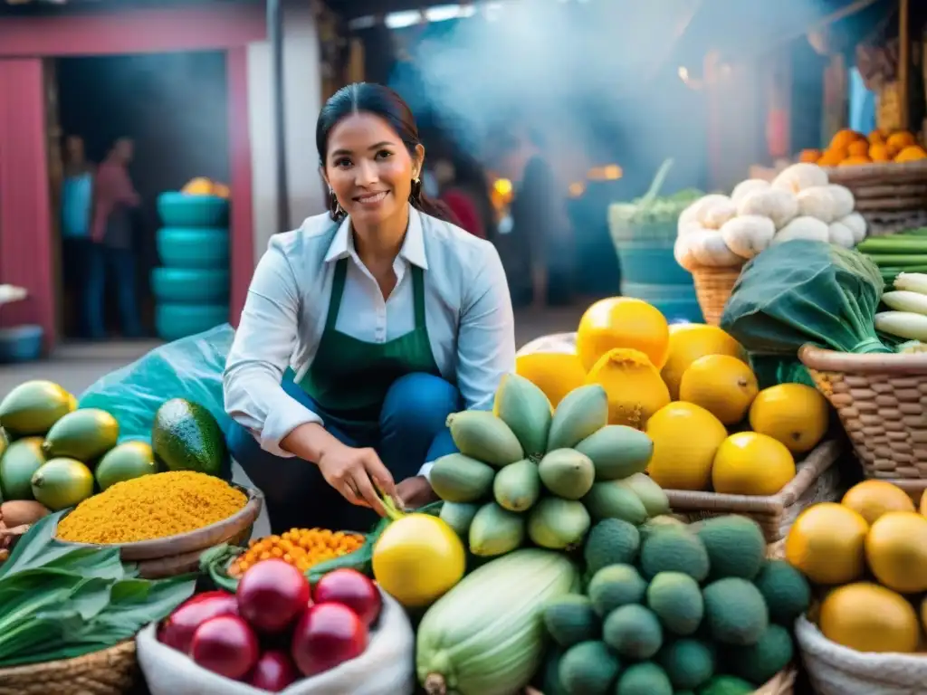 Un bullicioso mercado peruano con coloridos puestos rebosantes de frutas, verduras y especias exóticas, donde vendedores locales se involucran apasionadamente con los clientes