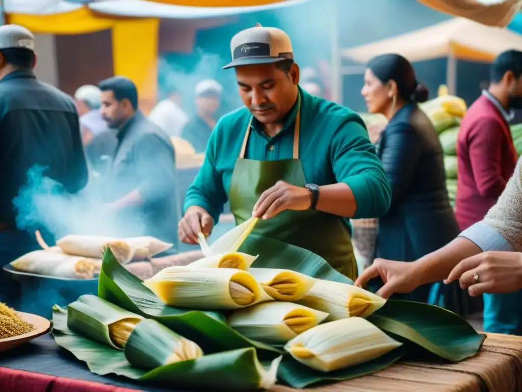 Un bullicioso mercado peruano durante el Festival de Tamales Peruanos autóctonos, con vendedores y coloridas textiles