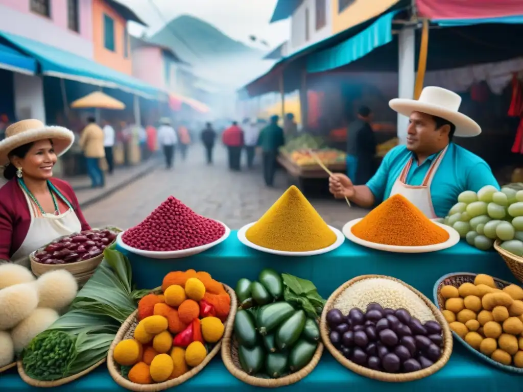 Un bullicioso mercado peruano durante festividades, lleno de colores y recetas tradicionales