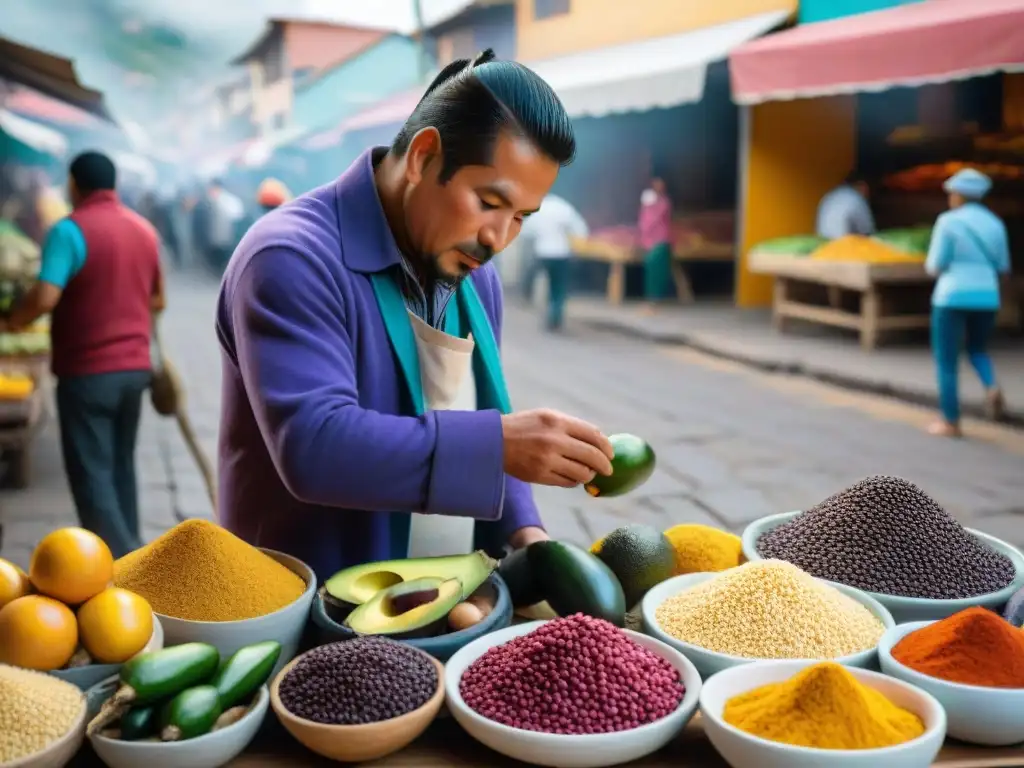 En un bullicioso mercado peruano, una fusión de colores y sabores en ingredientes tradicionales