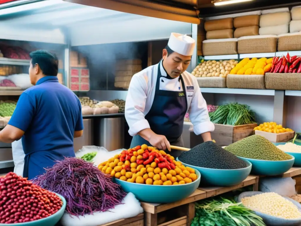 Un bullicioso mercado peruano con ingredientes locales y japoneses, en la fusión de la cocina nikkei en Perú