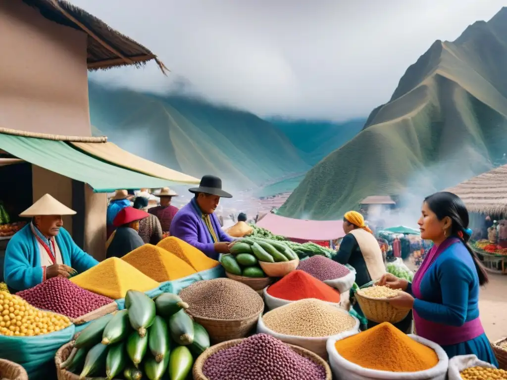 Un bullicioso mercado peruano con ingredientes autóctonos vibrantes y vendedores locales, enriqueciendo la cocina peruana