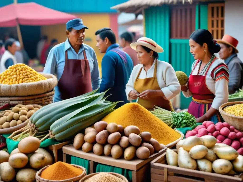 Un bullicioso mercado peruano con ingredientes tradicionales e innovadores: papas, quinua, maíz y frutas exóticas