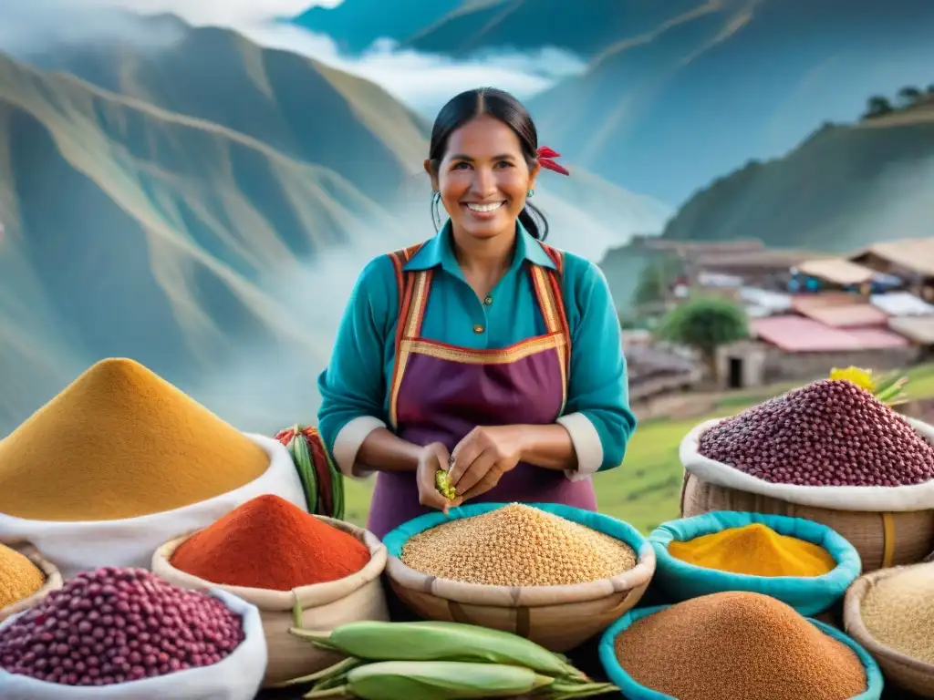 Un bullicioso mercado peruano con ingredientes autóctonos y vendedores locales en tradicionales trajes, en un escenario andino