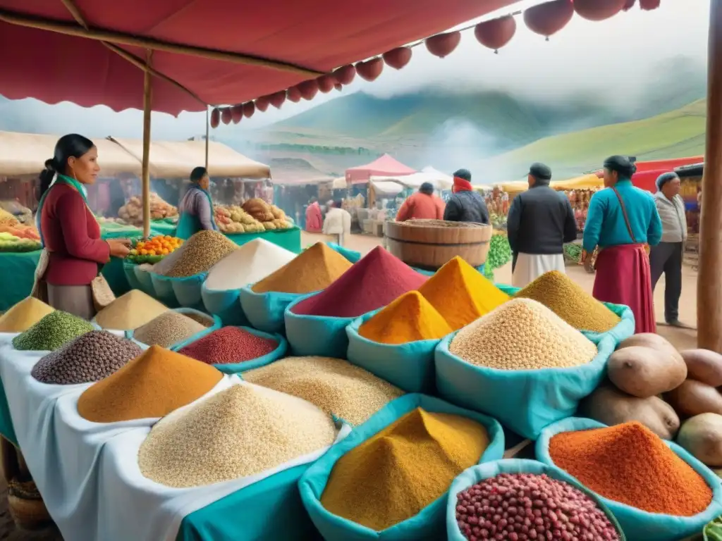 Un bullicioso mercado peruano con ingredientes tradicionales, vendedores locales y una colorida bandera textil al fondo