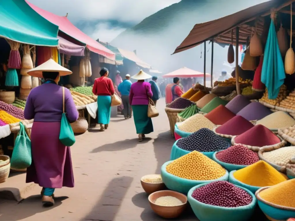 Un bullicioso mercado peruano con ingredientes autóctonos y colores vibrantes