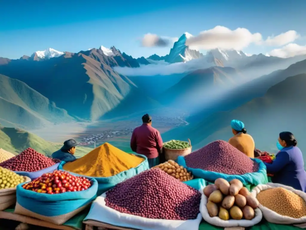 Un bullicioso mercado peruano con ingredientes locales y la cordillera de los Andes al fondo