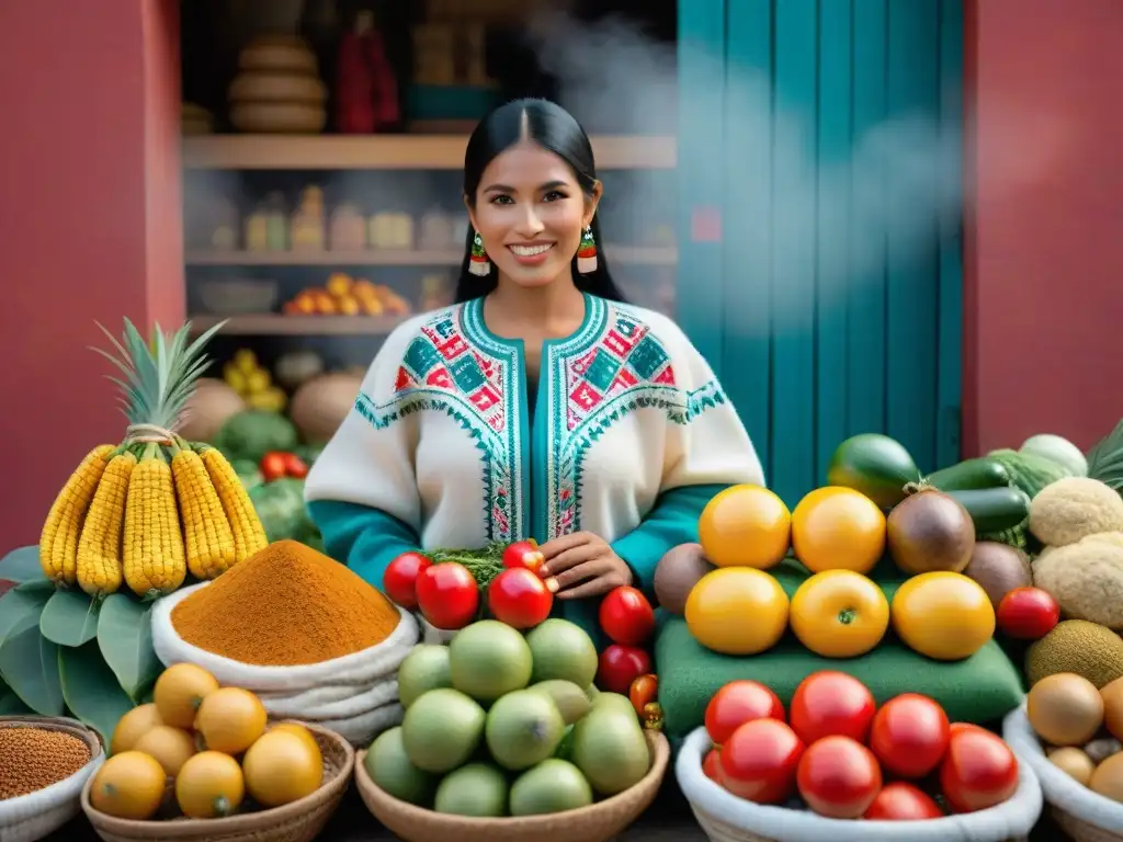 Un bullicioso mercado peruano lleno de colores vibrantes y productos locales