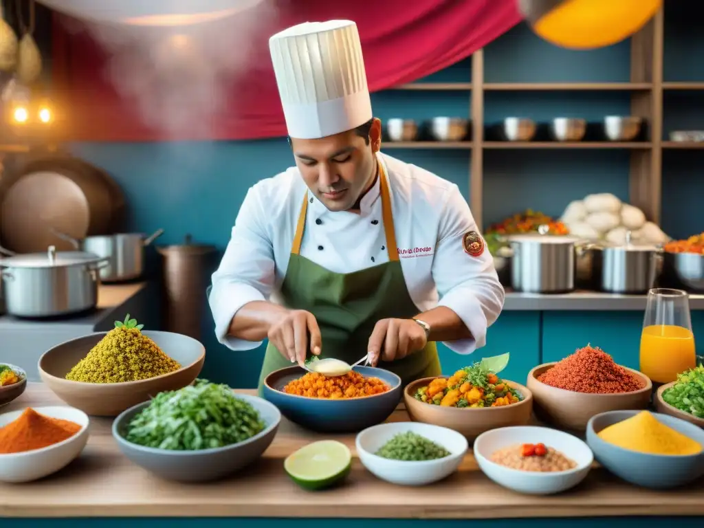 Un bullicioso mercado peruano lleno de vida y color, donde se preparan platos tradicionales y contemporáneos de la cocina peruana