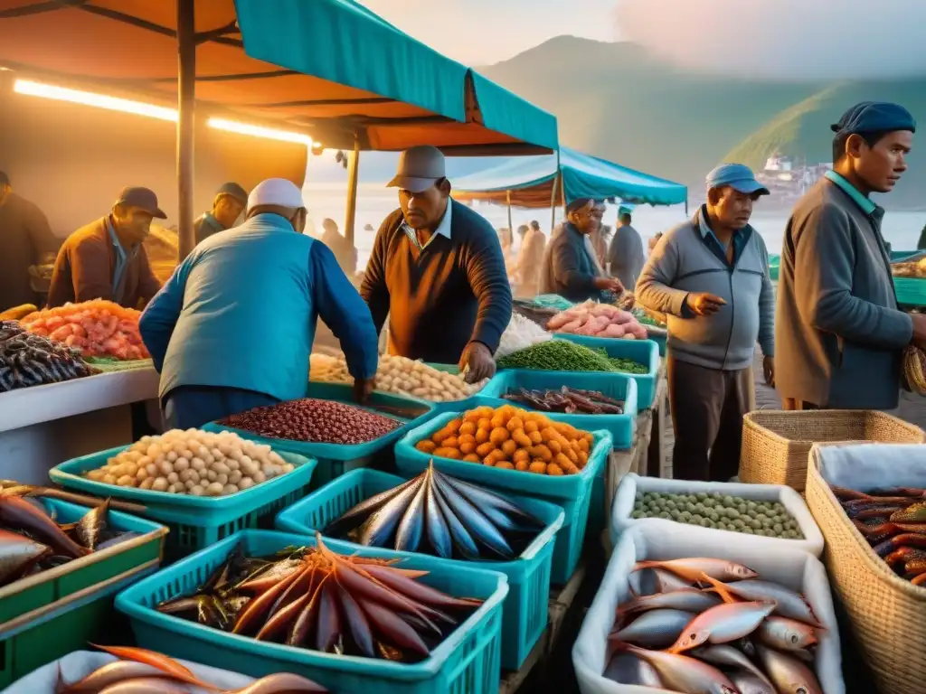 Amanecer en bullicioso mercado peruano de pescados con pescados y mariscos frescos