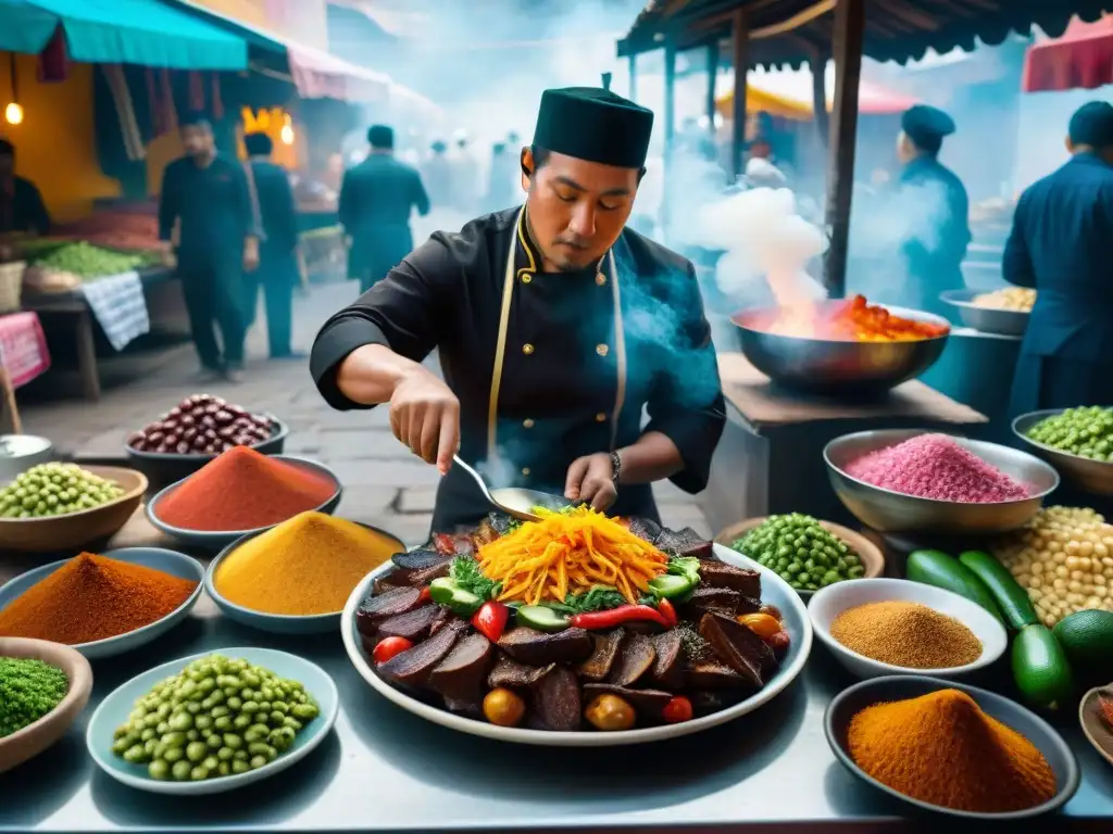 Un bullicioso mercado peruano, con puestos rebosantes de productos frescos y chefs preparando lomo saltado