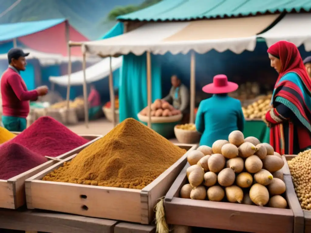 Un bullicioso mercado peruano con raíces de maca en primer plano