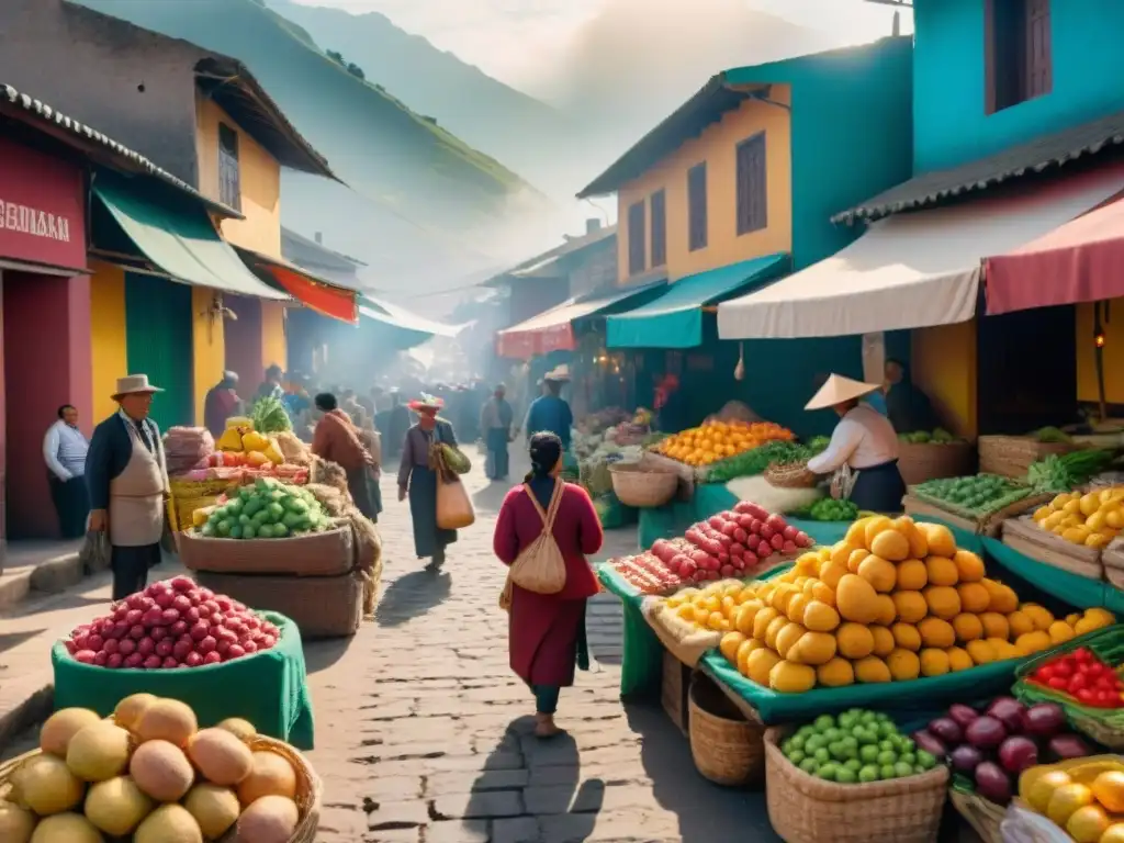 El bullicioso mercado peruano rebosa de colores y sabores tradicionales, fusionando la gastronomía peruana en una escena vibrante y auténtica