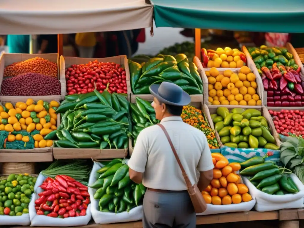 Un bullicioso mercado peruano donde destacan variedades de ají, reflejando el significado cultural en Perú