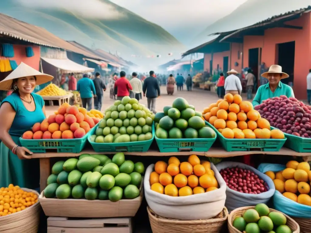 En el bullicioso mercado peruano, destaca el vibrante tumbo peruano entre textiles tradicionales y multitudes