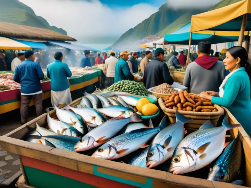 Un bullicioso mercado de pescado peruano, lleno de mariscos frescos y coloridos