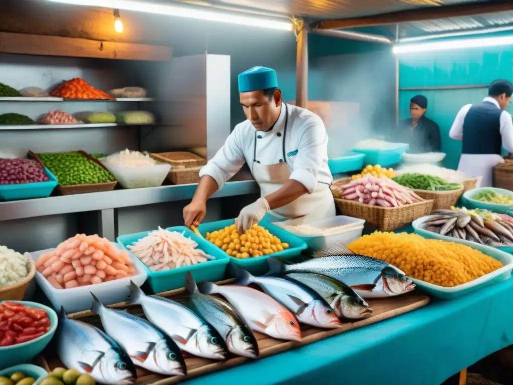 Un bullicioso mercado de pescado peruano con ingredientes frescos para ceviche