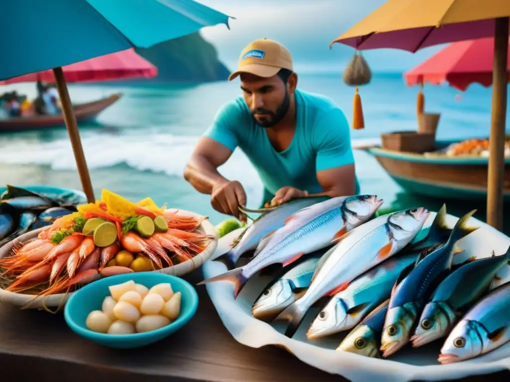 Un bullicioso mercado de pescados en Perú, con pescadores locales y un chef seleccionando ingredientes para ceviche