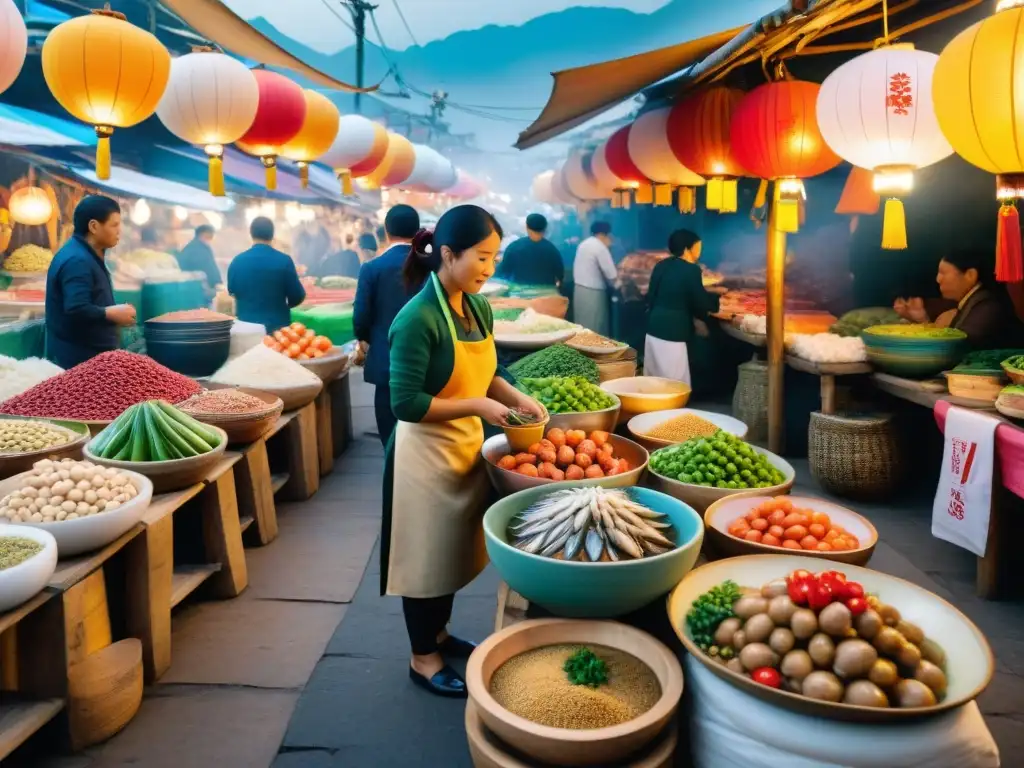 Un bullicioso mercado en Lima, Perú, con puestos de mariscos frescos y chefs peruanos y japoneses colaborando en la Cocina Nikkei en Perú