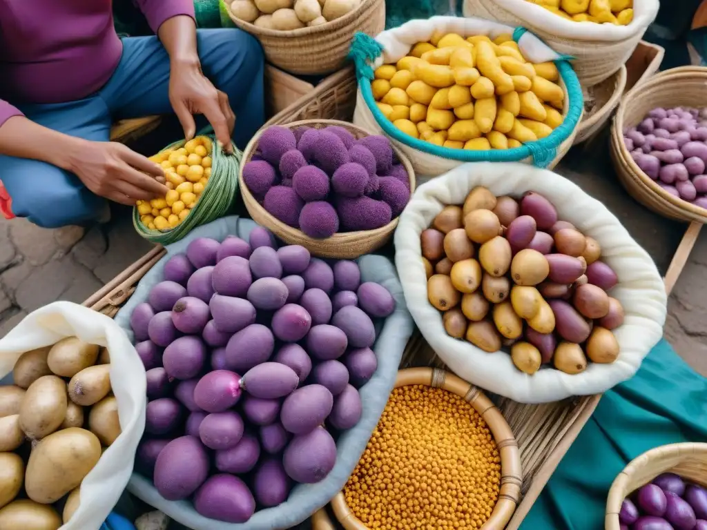 Un bullicioso puesto de mercado en Perú, repleto de diversidad de tubérculos peruanos y vendedores atendiendo a clientes