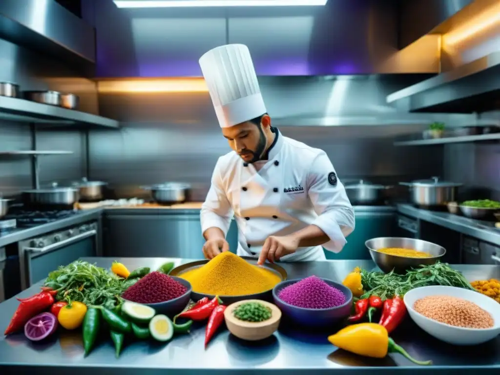 Un bullicioso restaurante peruano donde chefs preparan platos tradicionales como ceviche y lomo saltado