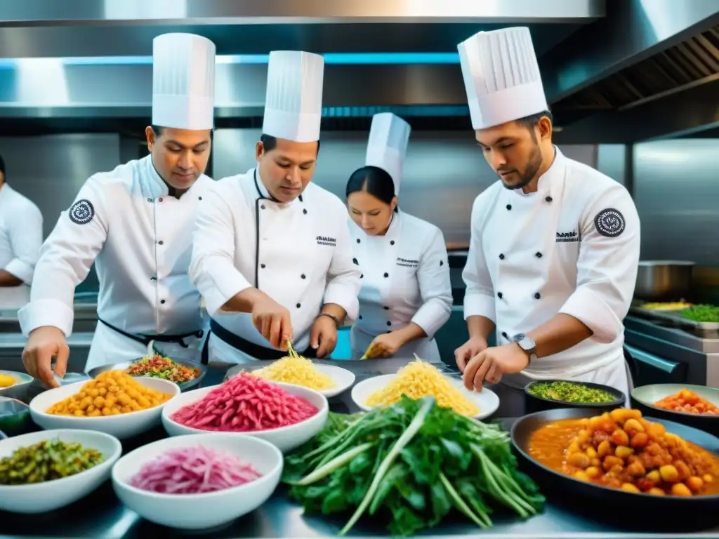 Un bullicioso restaurante peruano con chefs preparando platos tradicionales en cocinas modulares, fusionando tradición e innovación culinaria