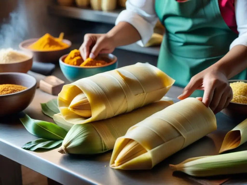 Un bullicioso taller de cocina peruana tradicional, con chefs expertos preparando variedades de tamales peruanos tradicionales