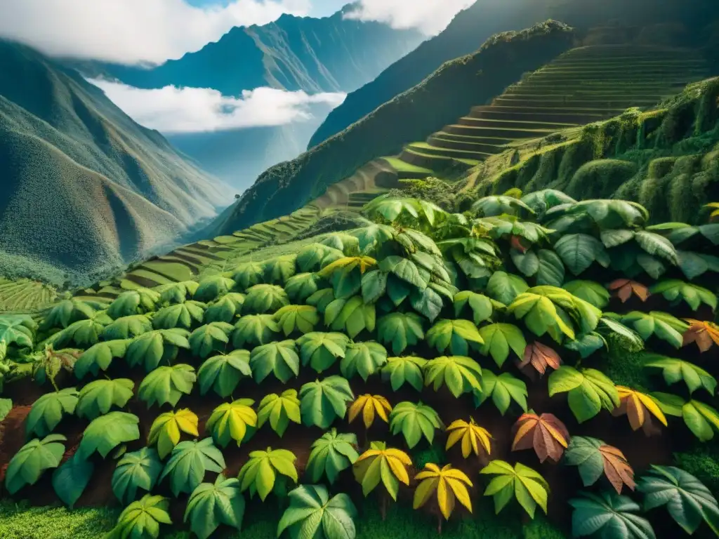 Plantación de cacao en Perú con agricultores indígenas recolectando cacao maduro